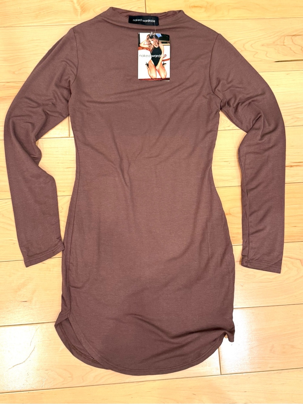 Naked Wardrobe Mocha Brown Mock Neck Long Sleeve Bodycon Dress Size M NWT